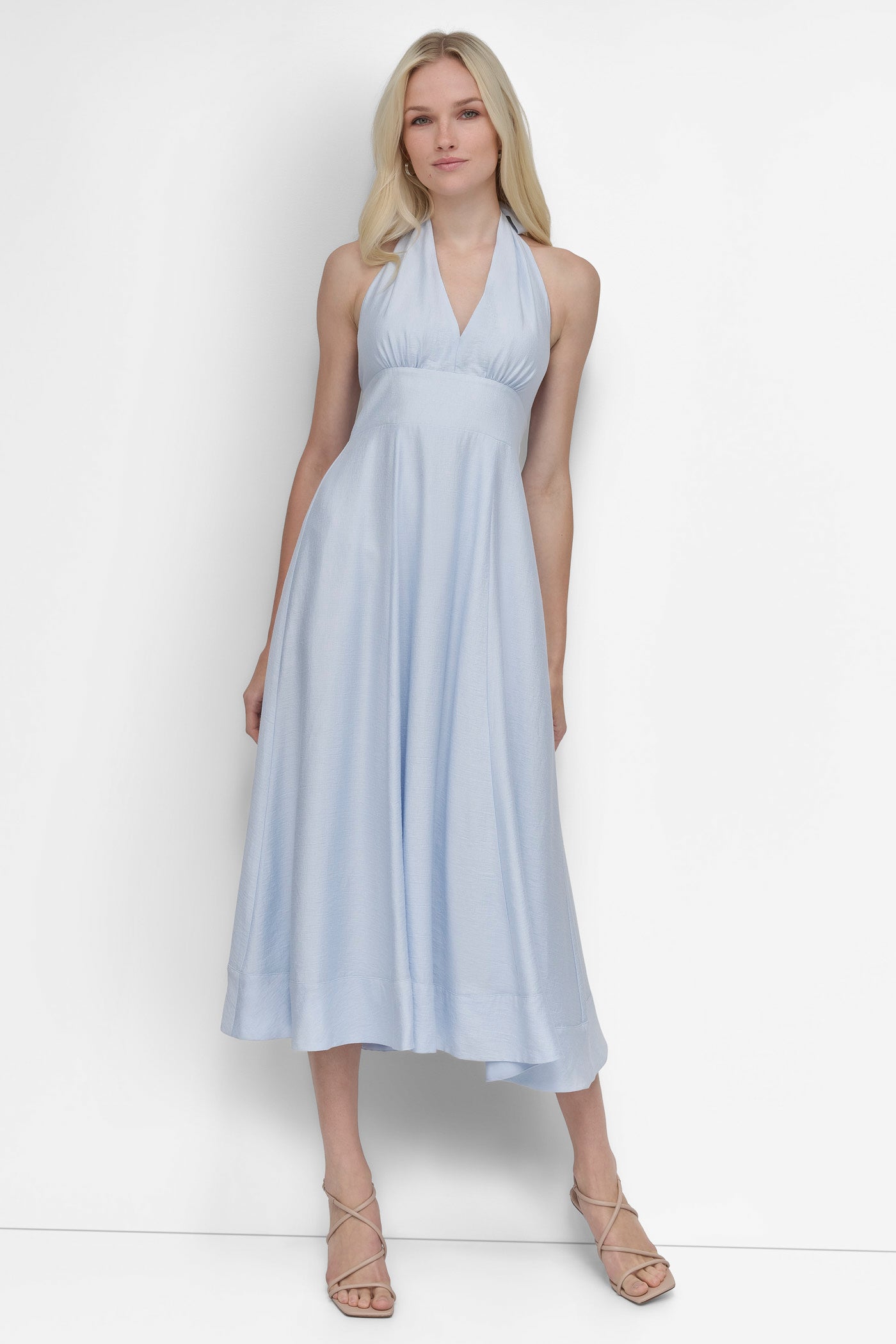SLEEVELESS V NECK HALTER MIDI DRESS