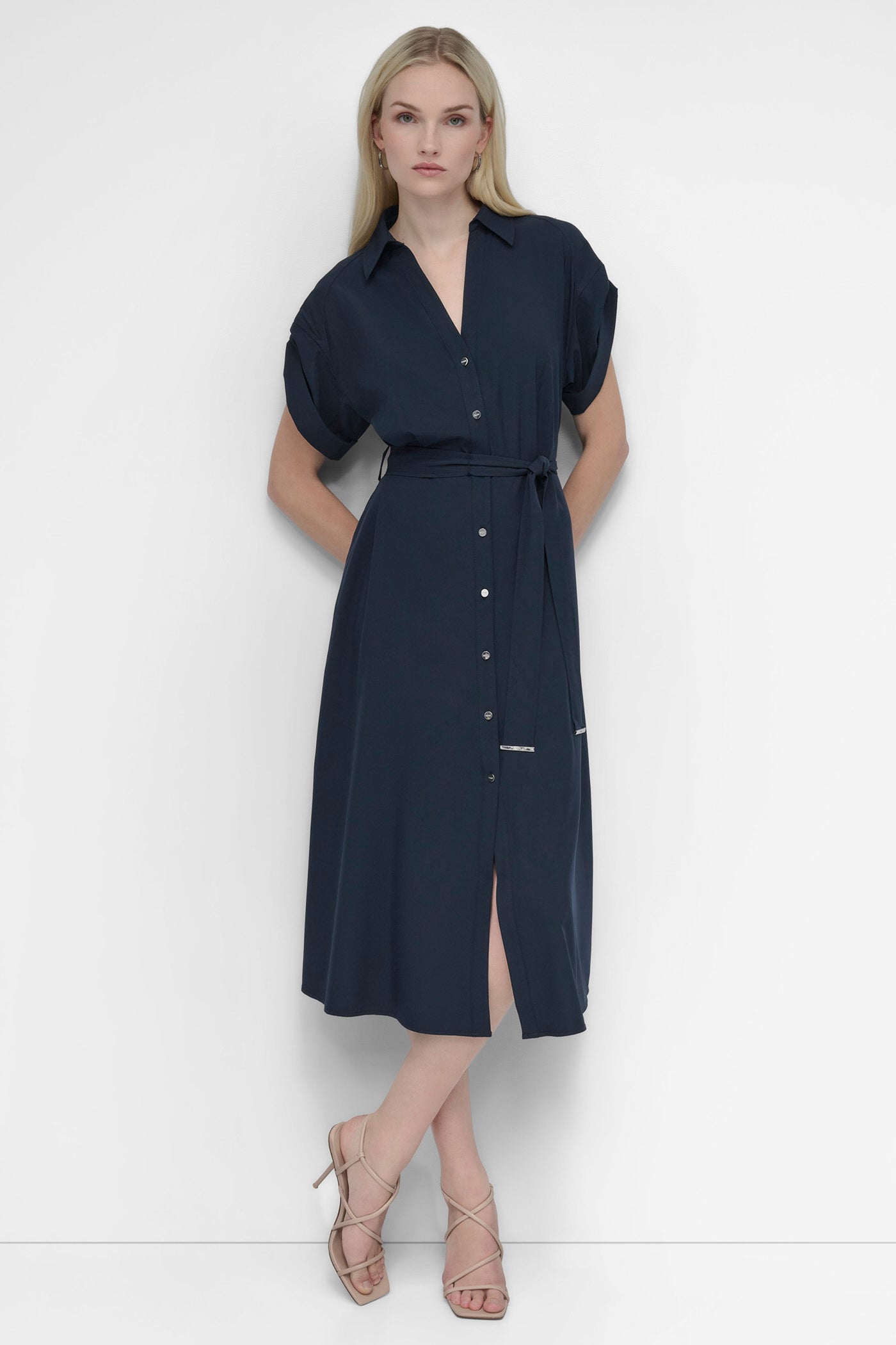 BUTTON FRONT COMMUTER MIDI DRESS