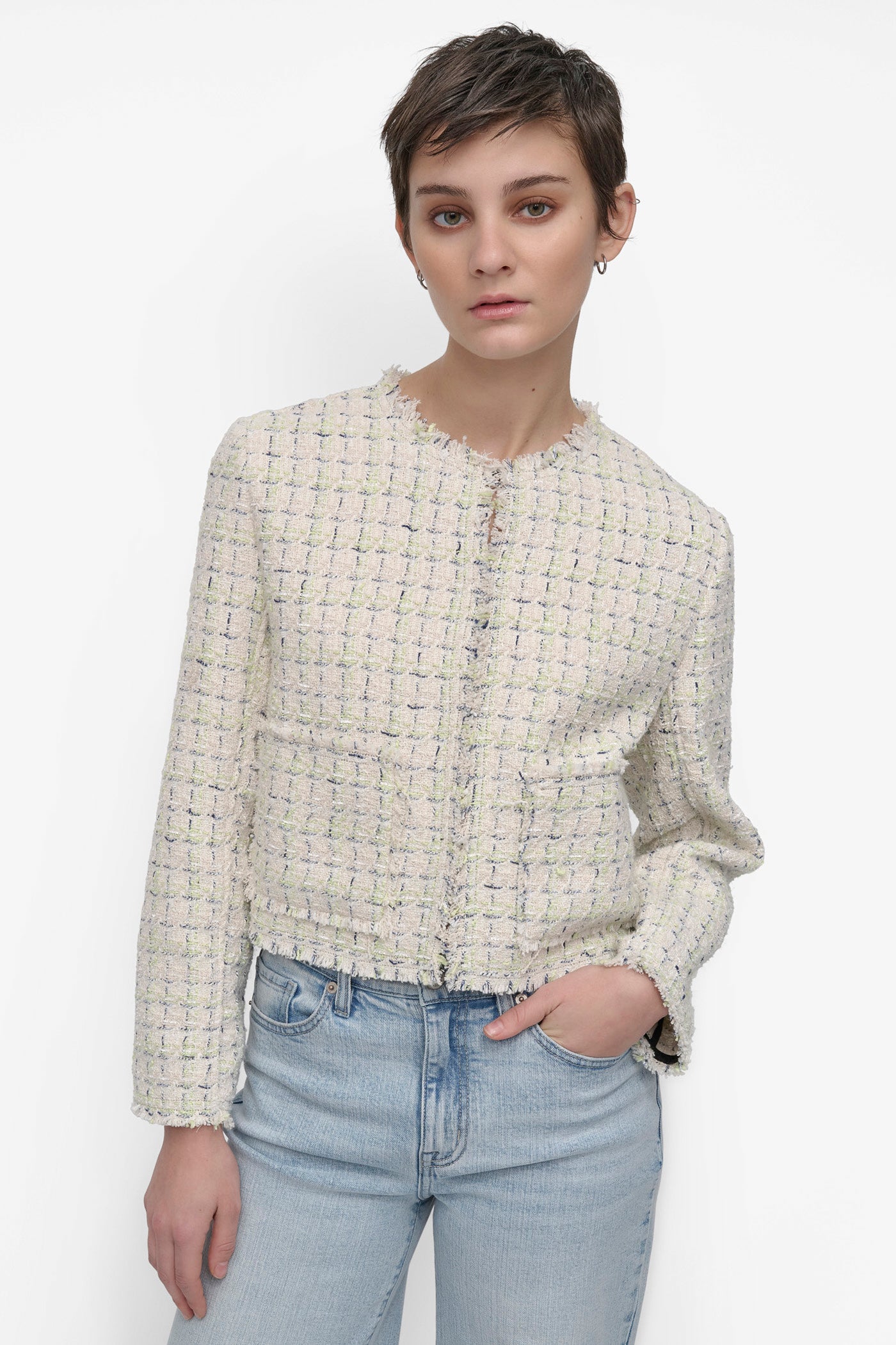 FRAYED CROPPED JACKET WITH FRONT POCKETS