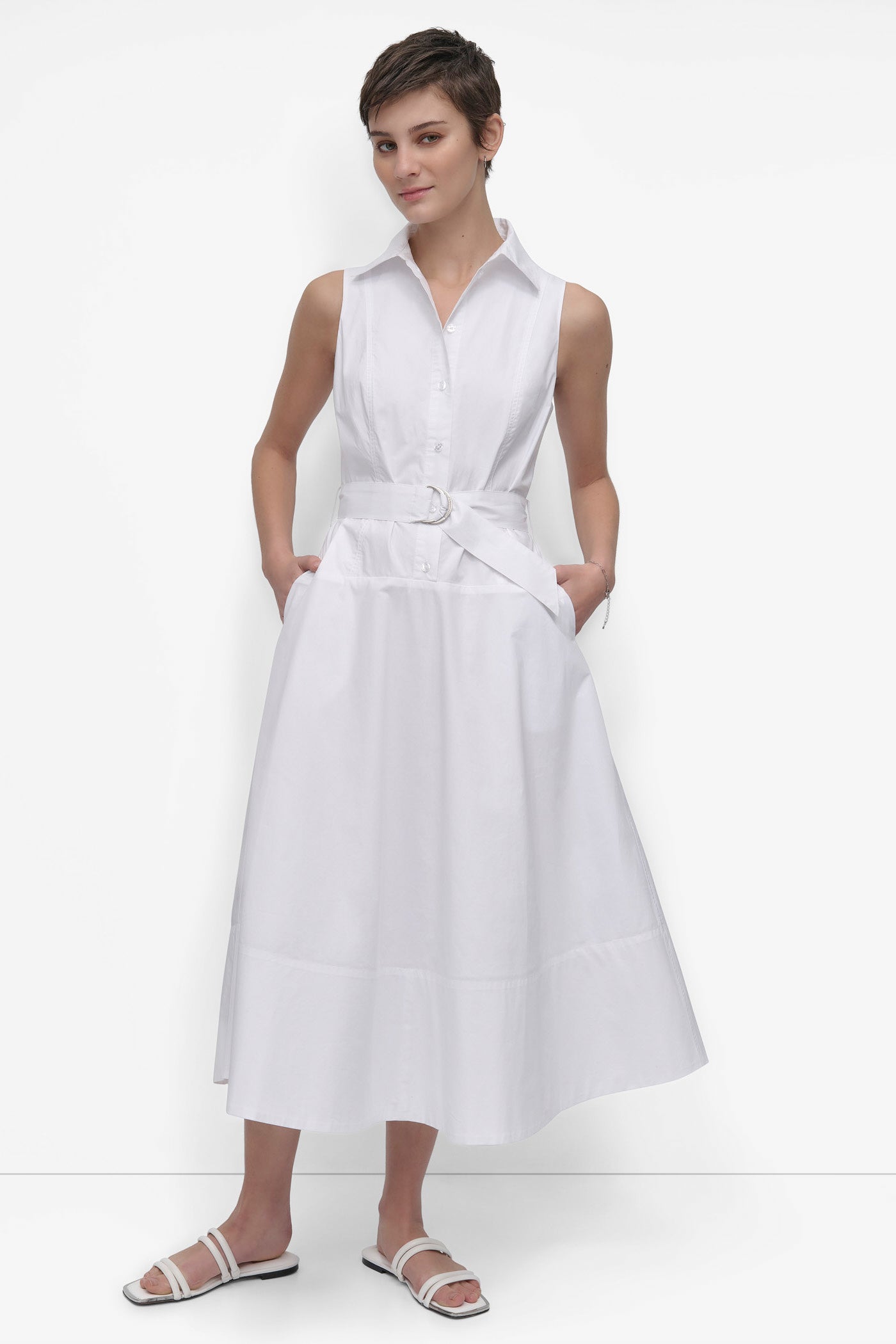 SLEEVELESS BUTTON FRONT POPLIN DRESS WITH SELF BELT