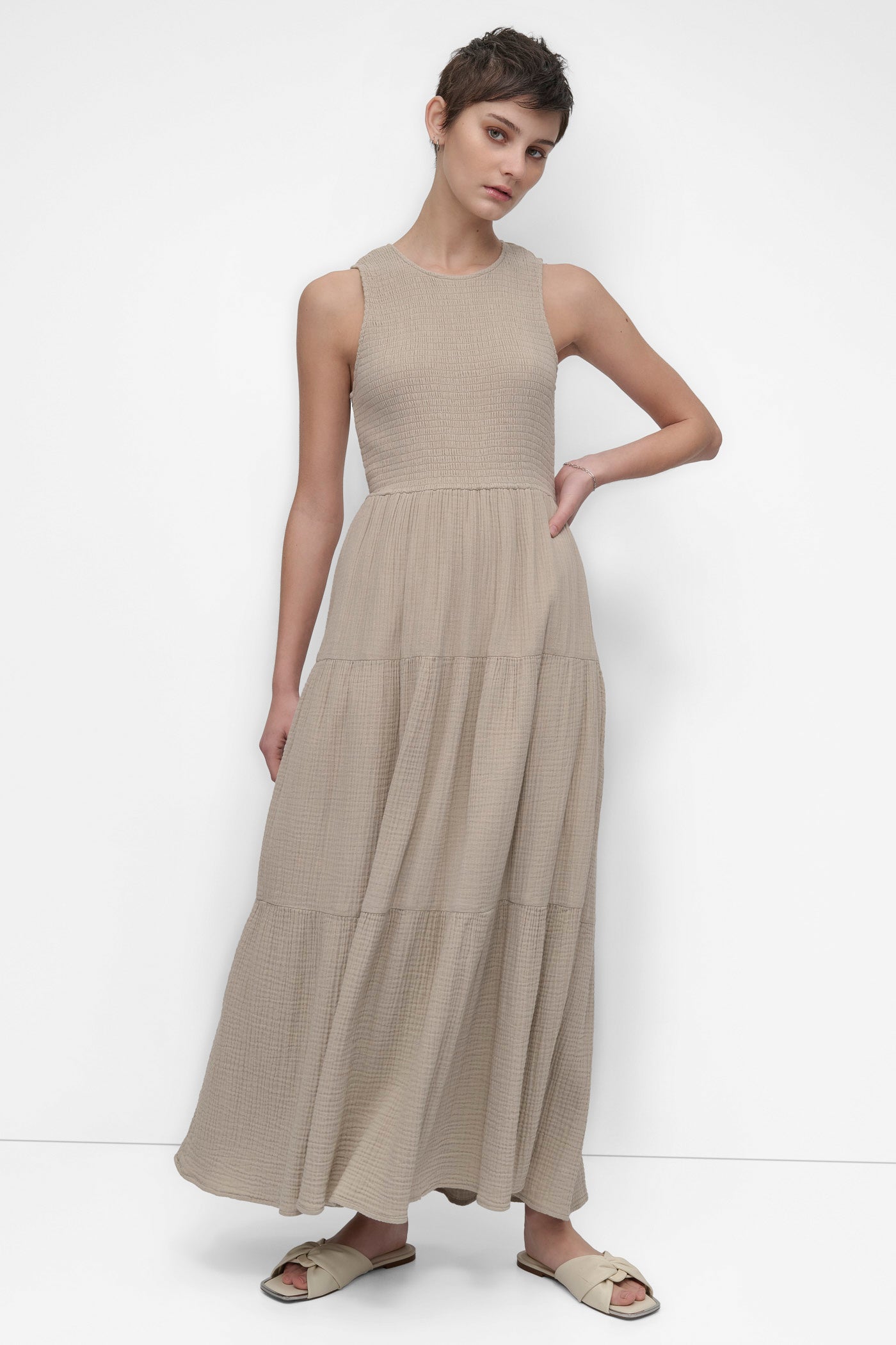 GAUZE TIERED SMOCKED DRESS