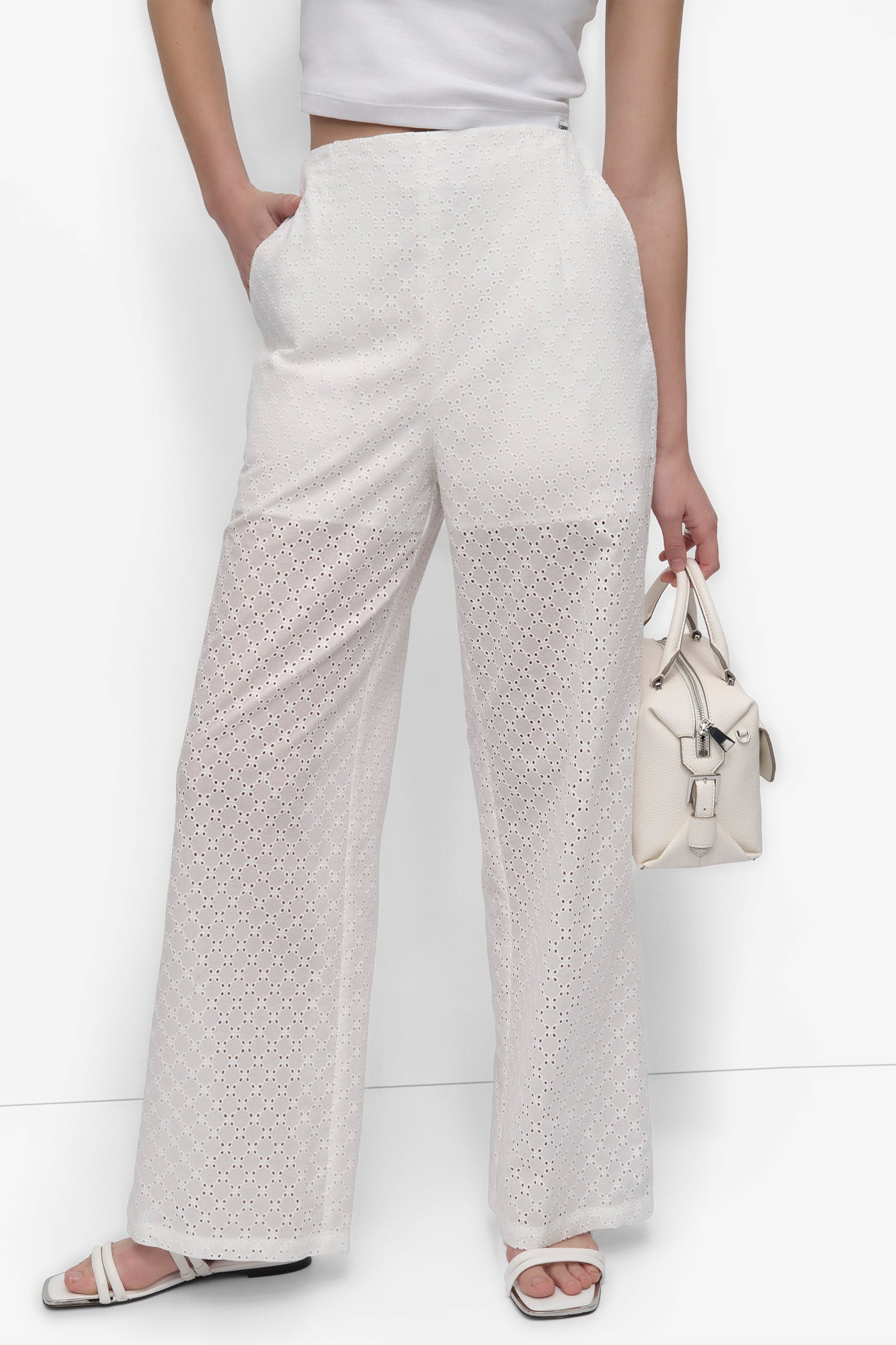 EYELET HIGH WAIST WIDE LEG TROUSER