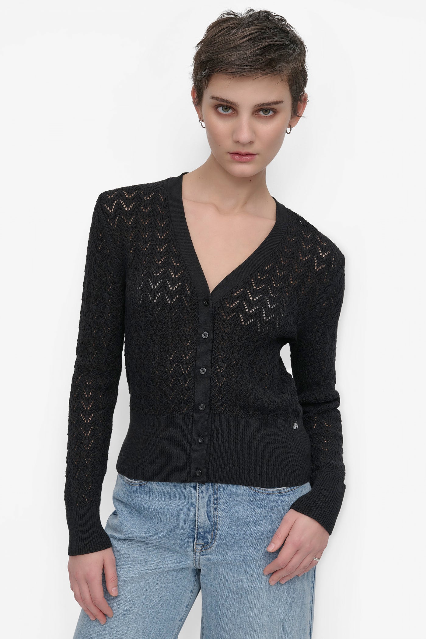 LONG SLEEVE POINTELLE STITCH V NECK CARDIGAN
