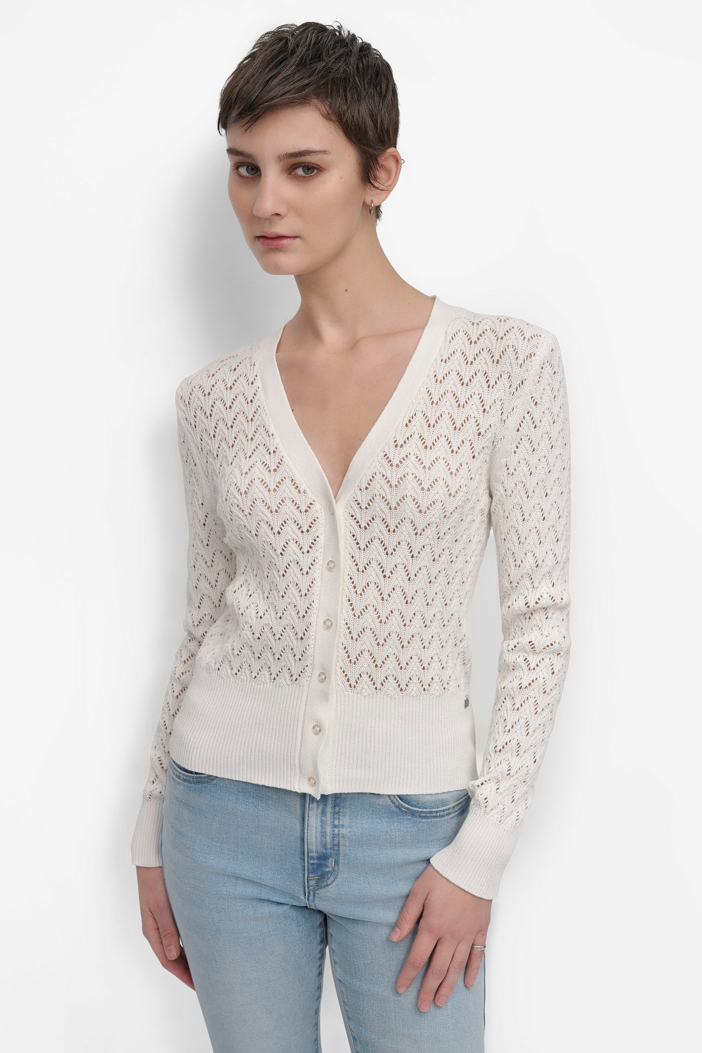 LONG SLEEVE POINTELLE STITCH V NECK CARDIGAN