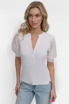 PUFF SLEEVE EYELET HENLEY TOP