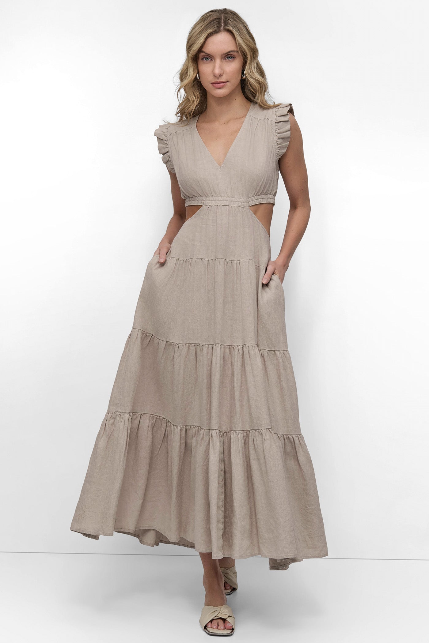 LINEN TIERED V-NECK CUTOUT DRESS WITH RUFFLE SLEEVES
