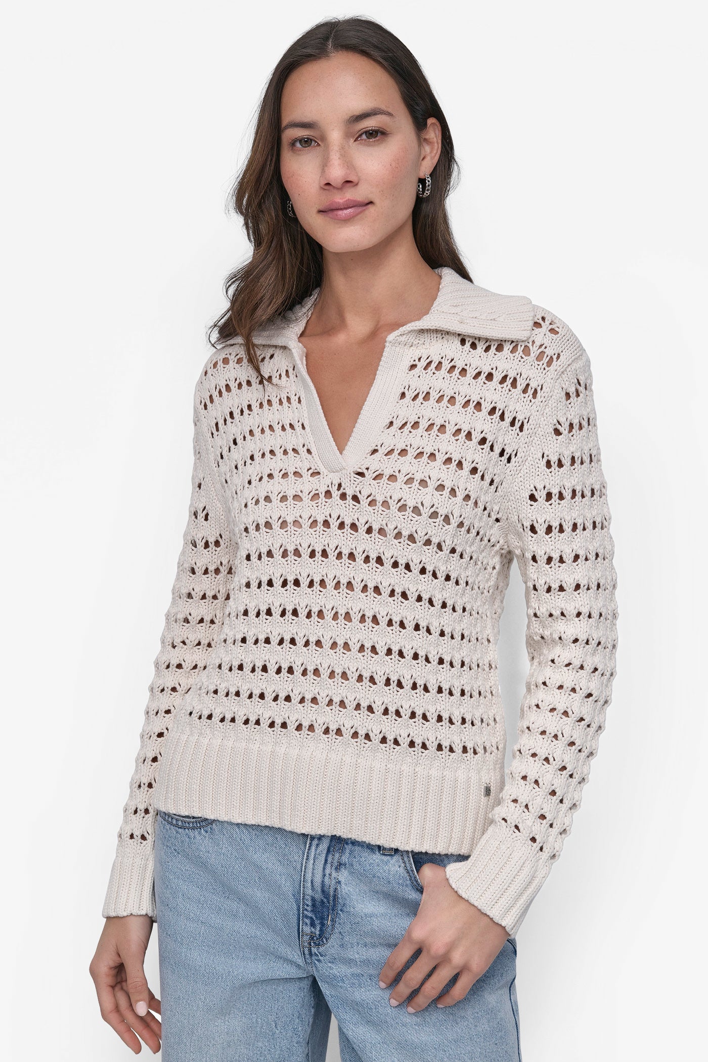 LONG SLEEVE OPEN POINTELLE STITCH POLO COLLAR SWEATER