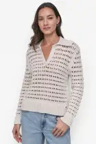 LONG SLEEVE OPEN POINTELLE STITCH POLO COLLAR SWEATER