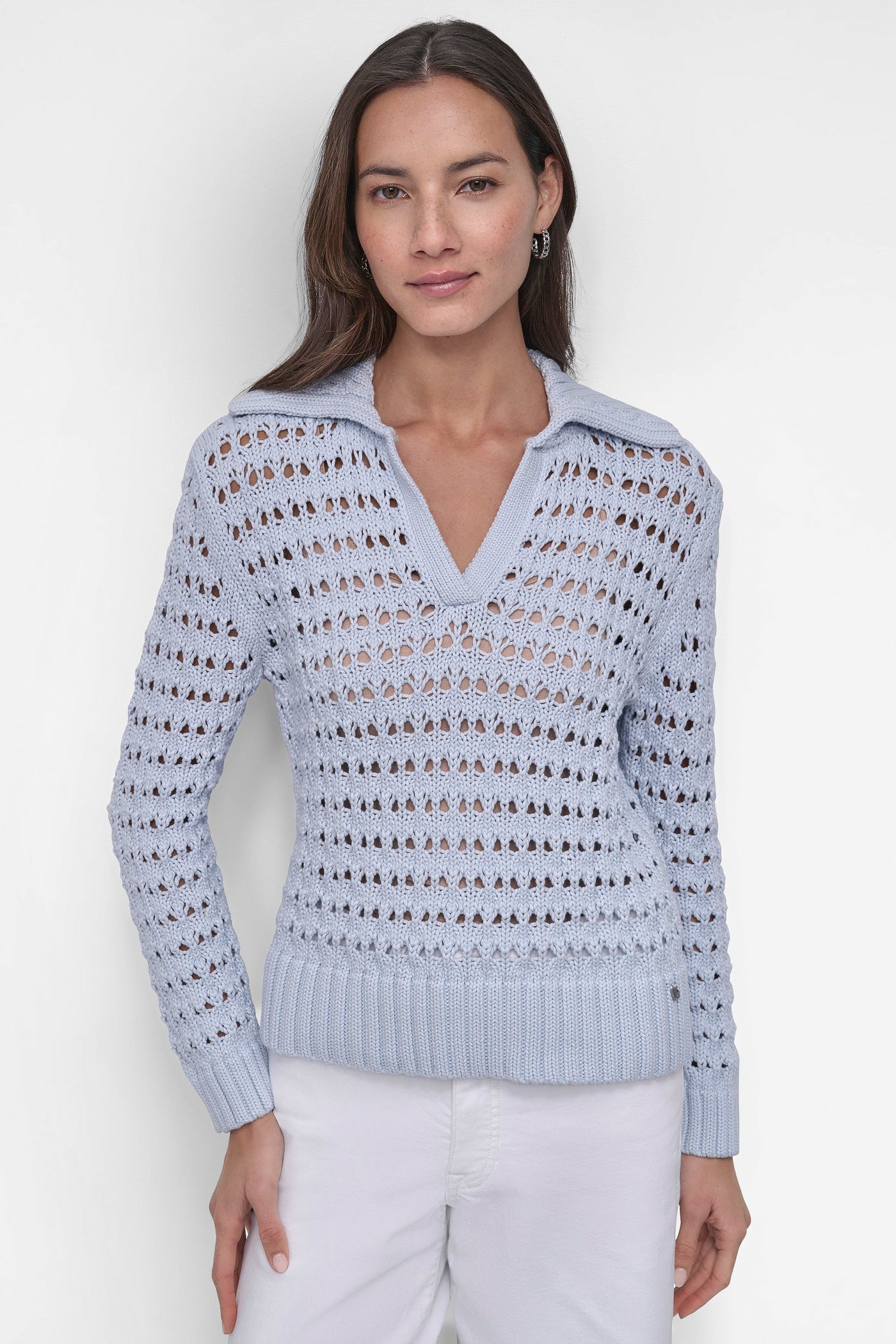 LONG SLEEVE OPEN POINTELLE STITCH POLO COLLAR SWEATER