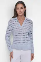 LONG SLEEVE OPEN POINTELLE STITCH POLO COLLAR SWEATER