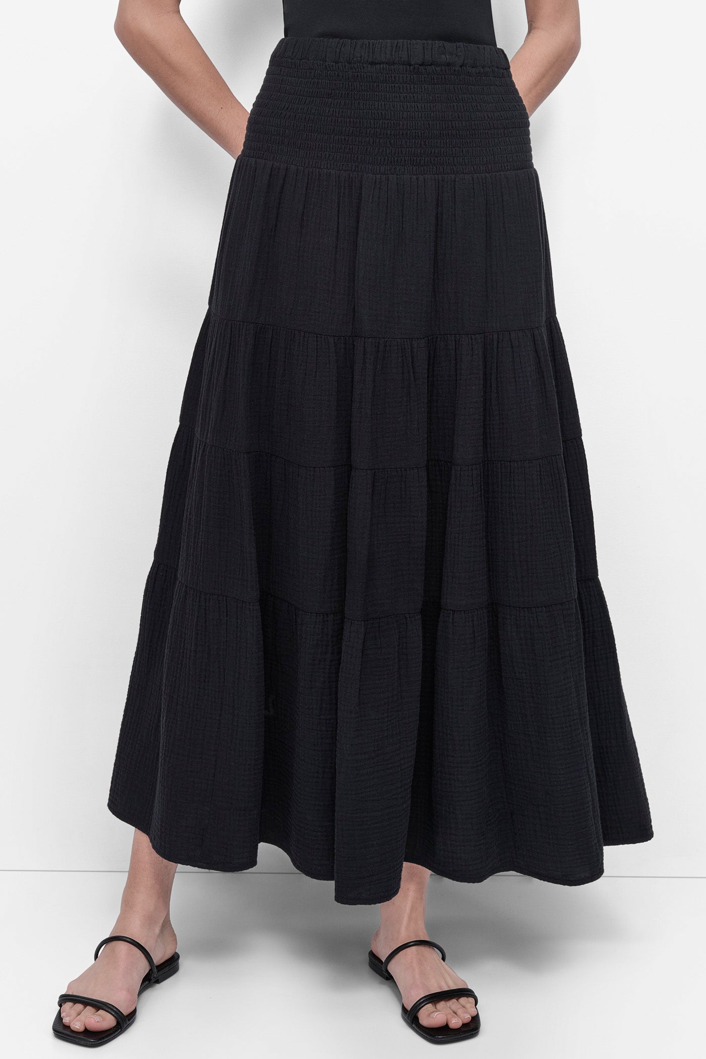 SMOCKED WAIST MIDI SKIRT