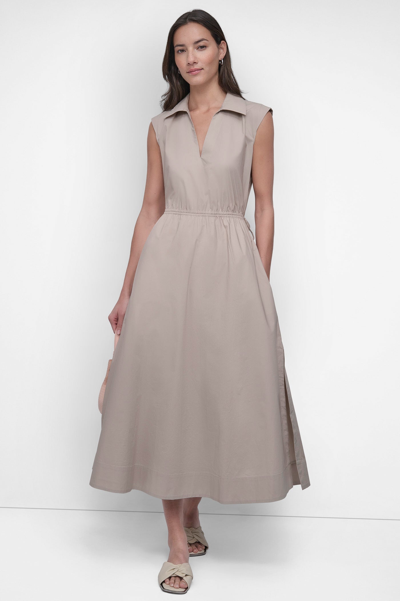 COTTON POPLIN MIDI SMOCKED CUT OUT BACK DRESS