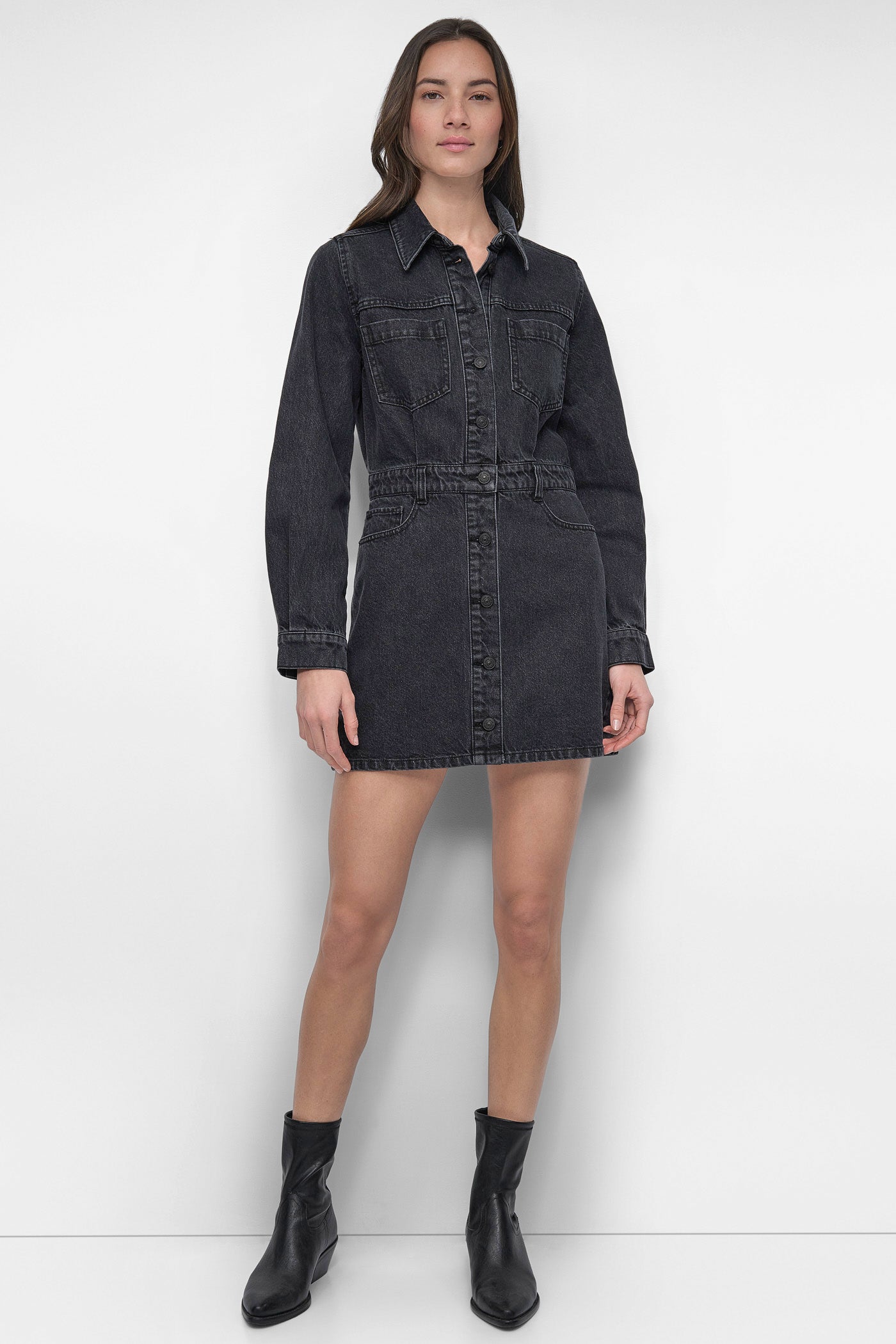 BUTTON DOWN LONG SLEEVE DENIM DRESS
