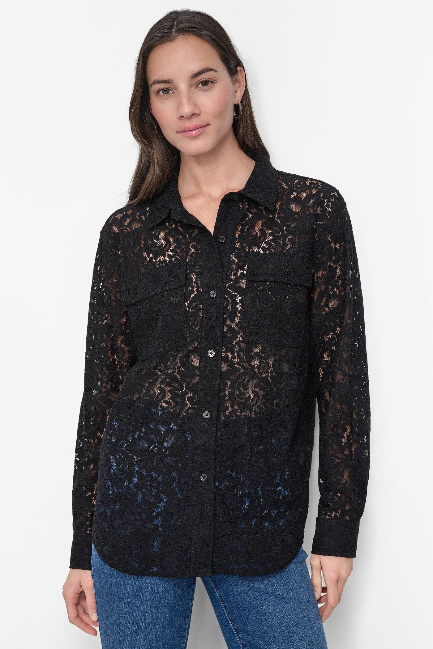 LACE LONG SLEEVE BUTTON FRONT SHIRT WITH UTILITY POCKETS