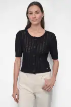 CREW NECK SHORT SLEEVE CARDIGAN CABLE POINTELLE