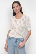 CREW NECK SHORT SLEEVE CARDIGAN CABLE POINTELLE