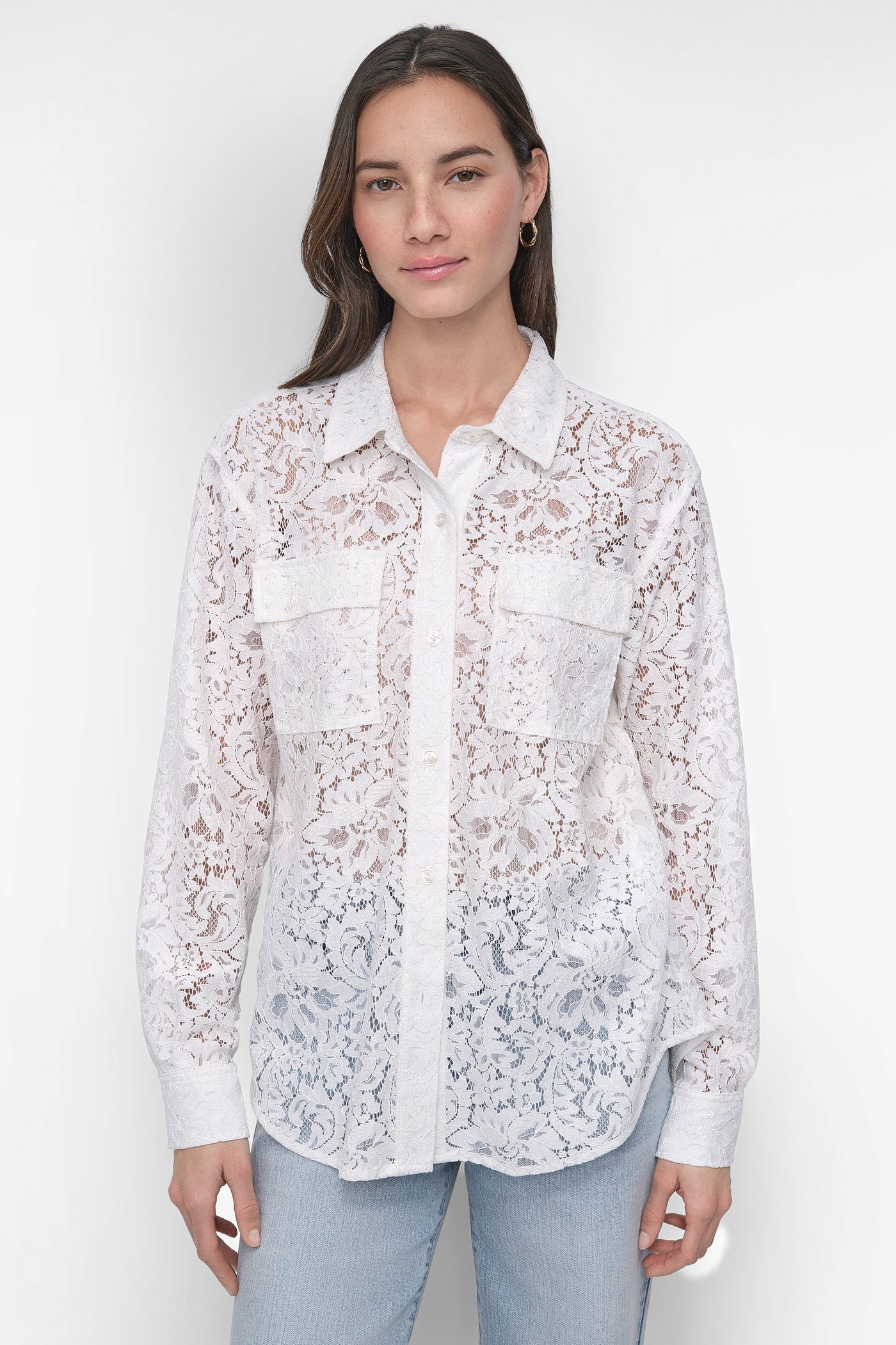 LACE LONG SLEEVE BUTTON FRONT SHIRT WITH UTILITY POCKETS