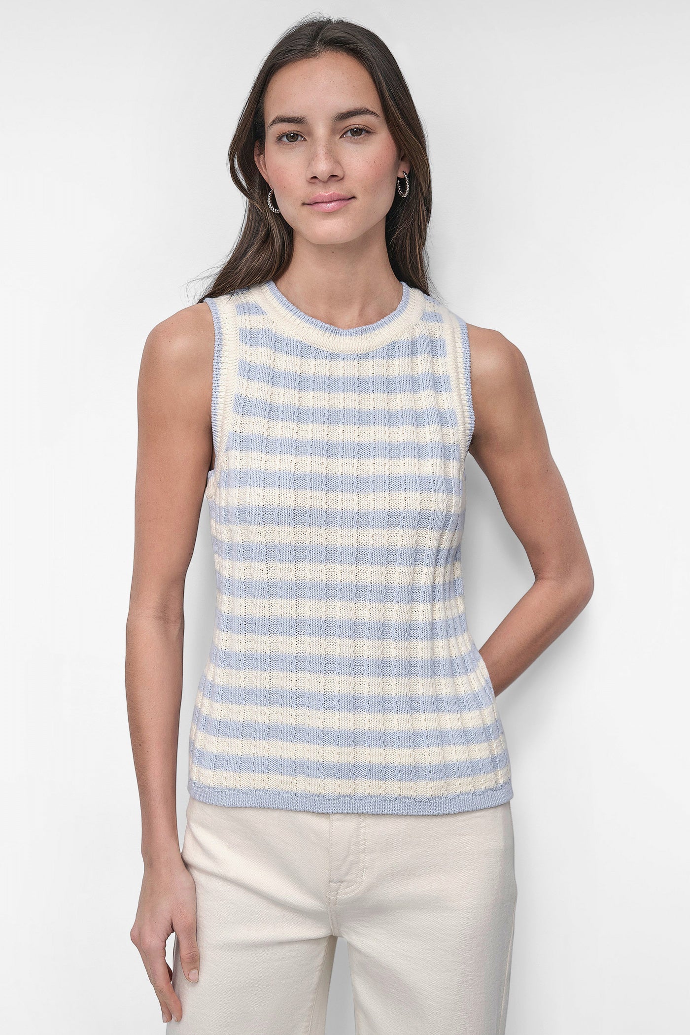 RIBBED STRIPED CREW NECK TANK WITH LOGO CHARM