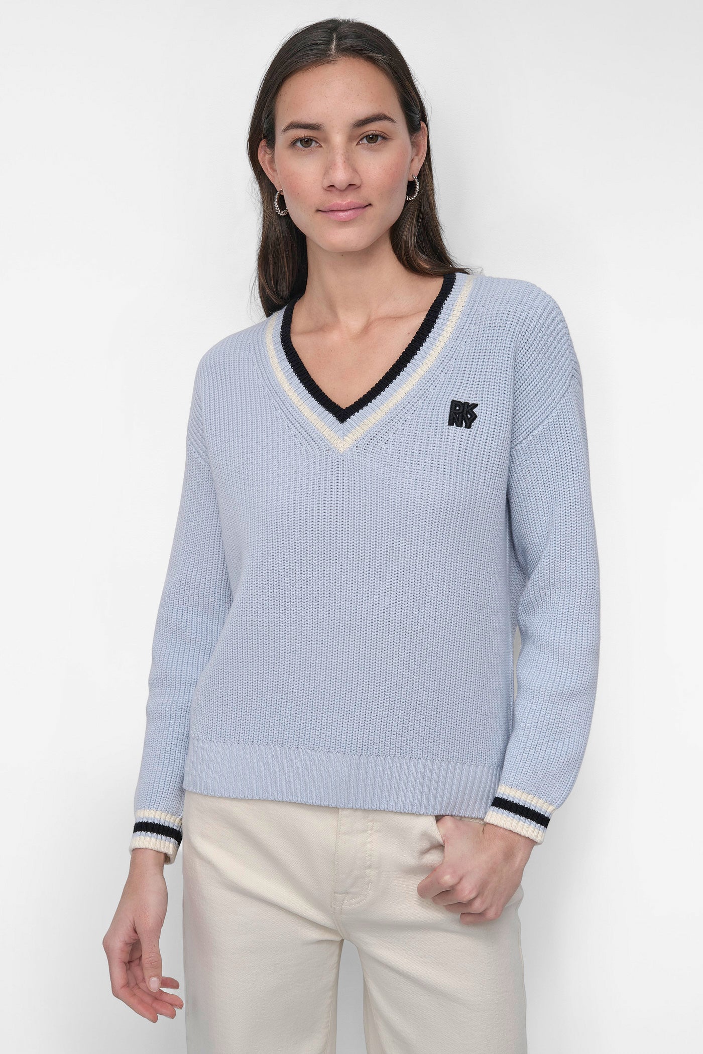 V NECK PULLOVER WITH COLOR BLOCK TRIM