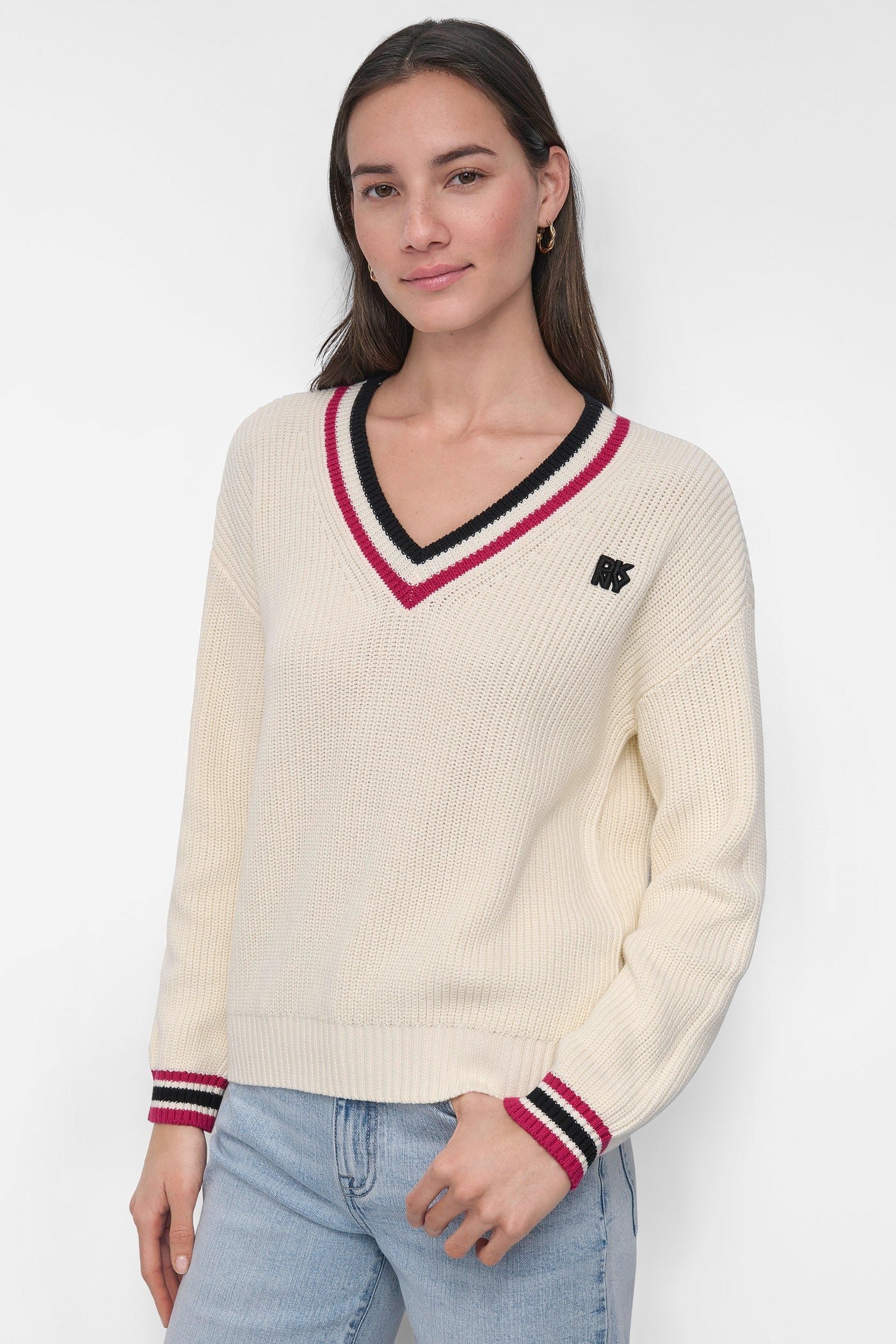V NECK PULLOVER WITH COLOR BLOCK TRIM