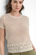 CAP SLEEVE OPEN MULTIPOINTELE STITCH CREW NECK TEE(Eggnog,XXS)