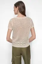 CAP SLEEVE OPEN MULTIPOINTELE STITCH CREW NECK TEE(Eggnog,XXS)
