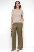 CAP SLEEVE OPEN MULTIPOINTELE STITCH CREW NECK TEE(Eggnog,XXS)