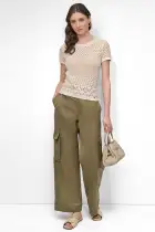 CAP SLEEVE OPEN MULTIPOINTELE STITCH CREW NECK TEE(Eggnog,XXS)