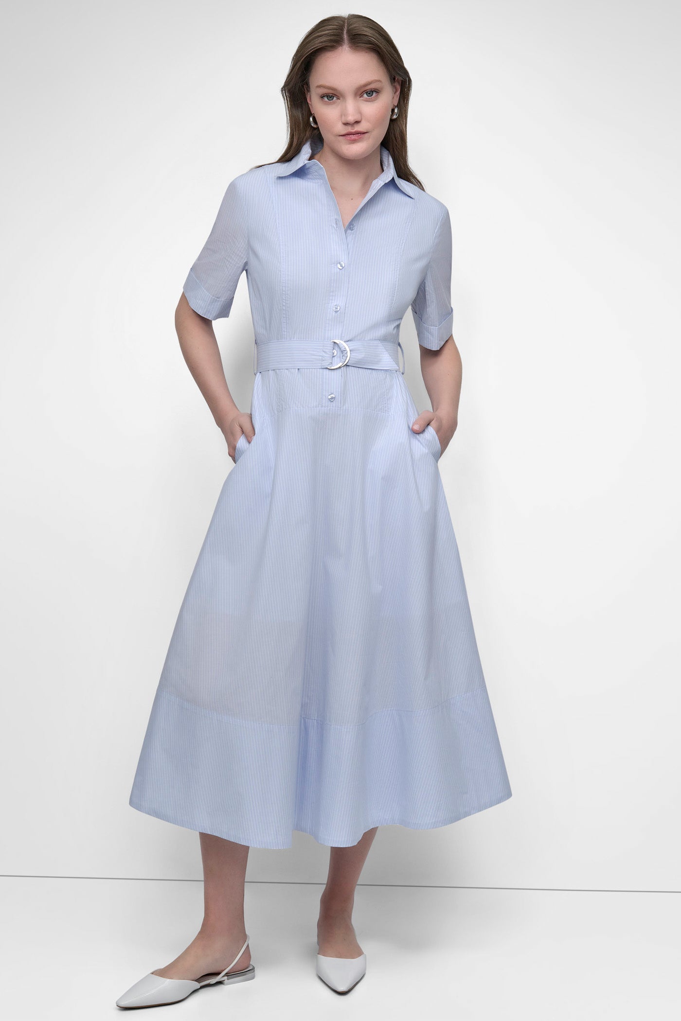 DROPPED WAIST BUTTON FRONT POPLIN DRESS WITH SELF BELT