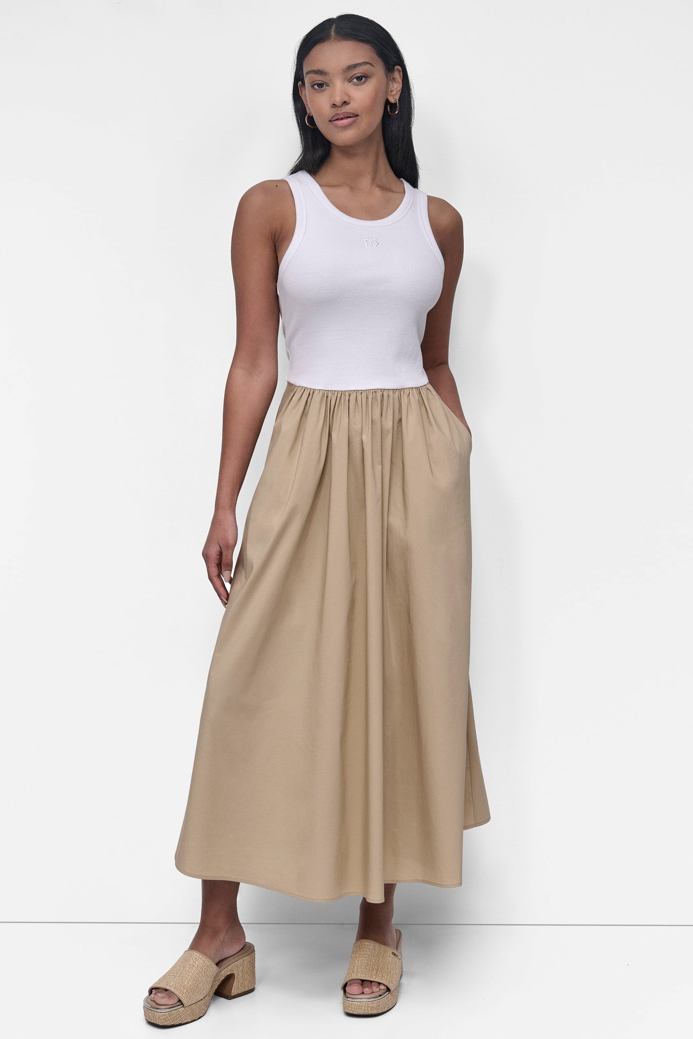 RIB TANK DRESS WITH POPLIN SKIRT