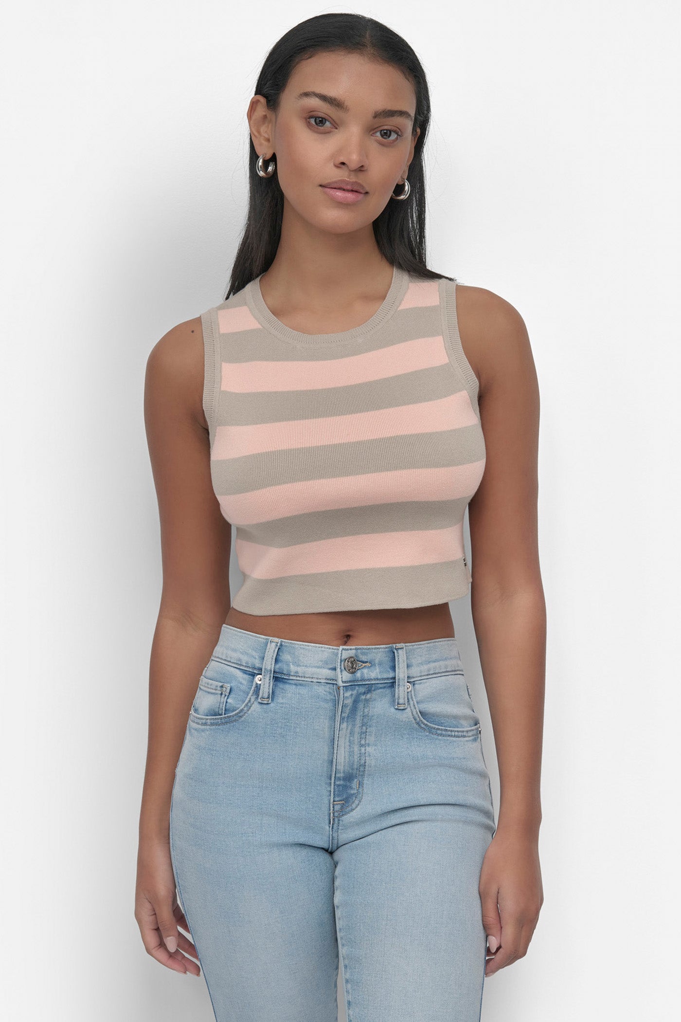 CROP STRIPE SLEEVELESS CREW NECK TANK