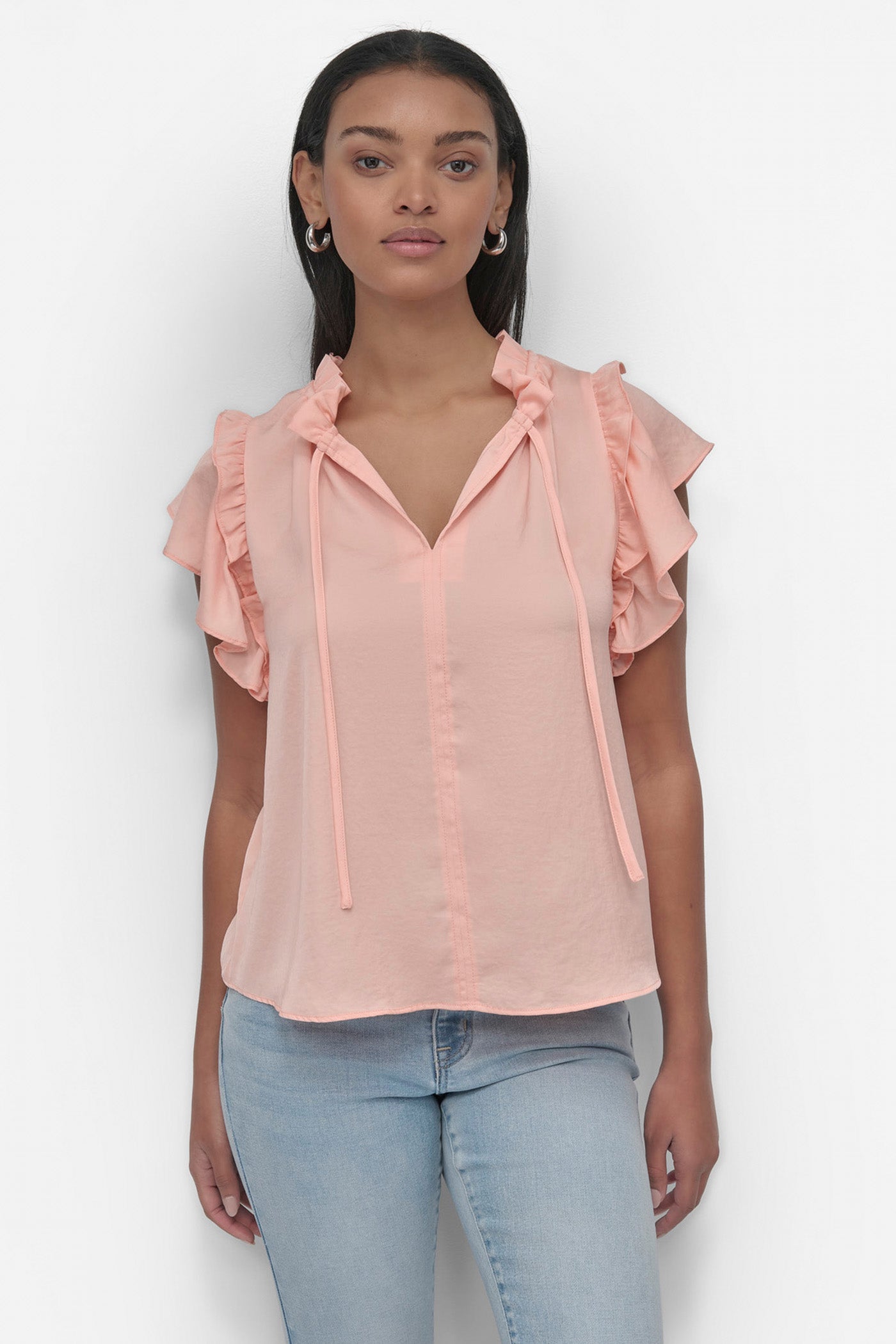RUFFLE NECK TOP WITH FLUTTER SLEEVES