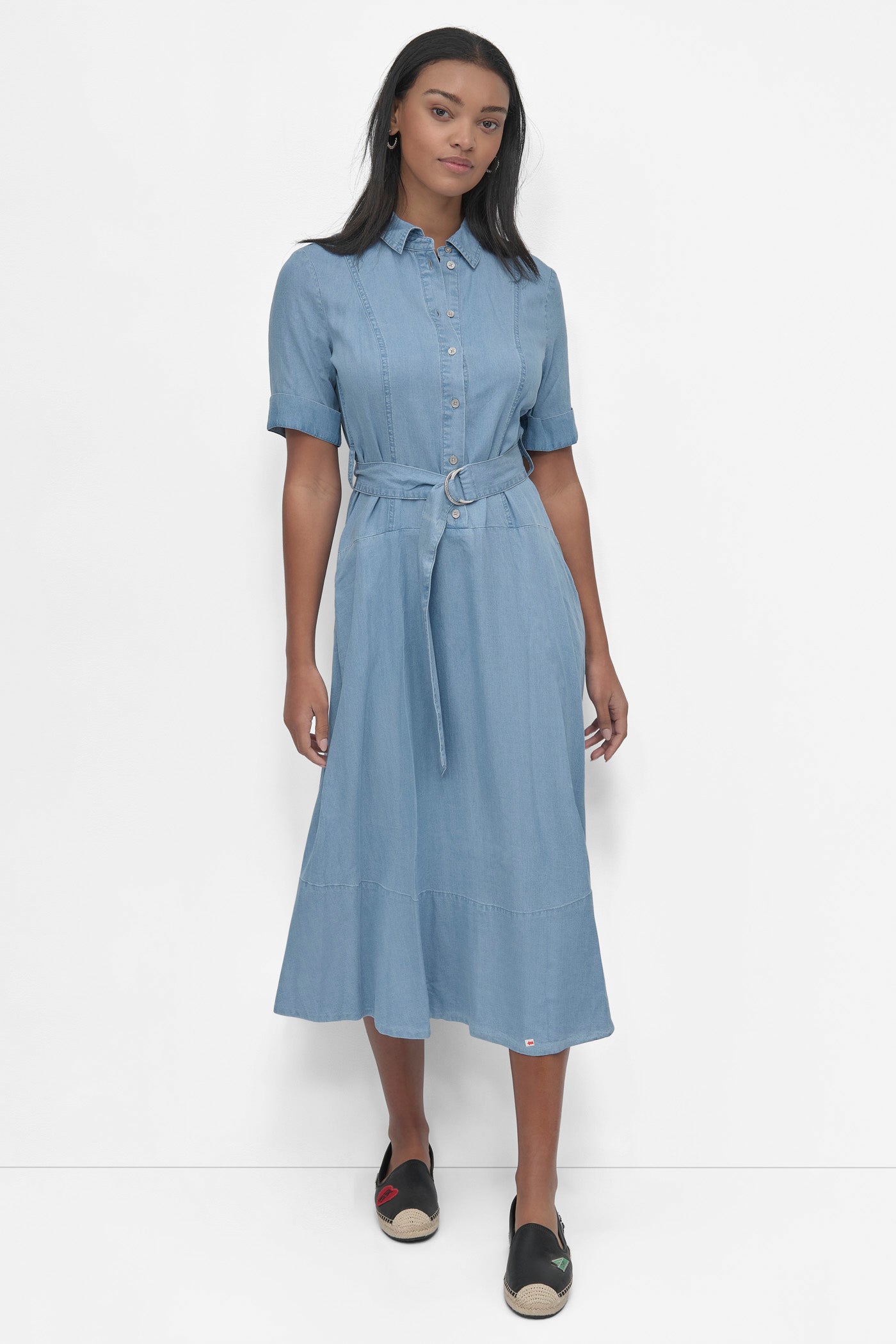 DROPPED WAIST BUTTON FRONT TENCEL DRESS