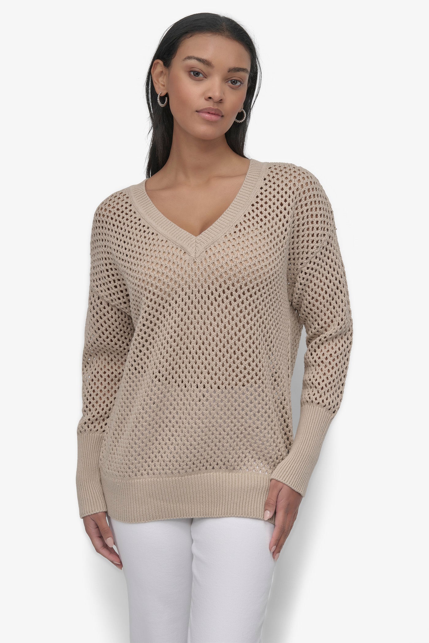 3/4 WIDE SLEEVE CREW NECKOPEN POINTELLE STITCH