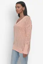 3/4 WIDE SLEEVE CREW NECKOPEN POINTELLE STITCH(TROPICAL PEACH,XXS)