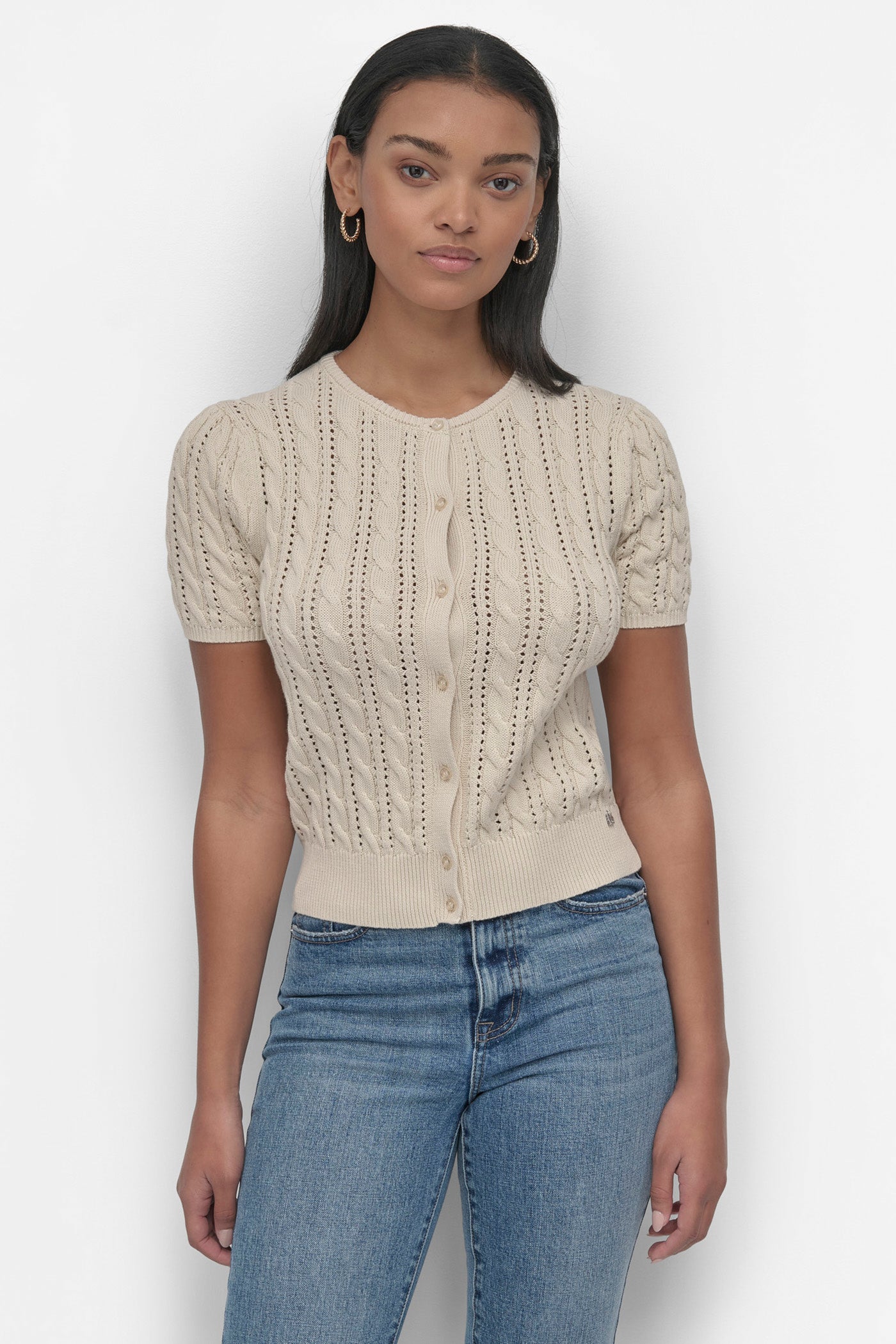 PUFF SLEEVE POINTELLE STITCH CREW NECK