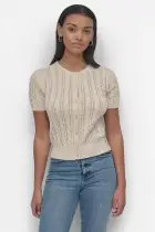 PUFF SLEEVE POINTELLE STITCH CREW NECK
