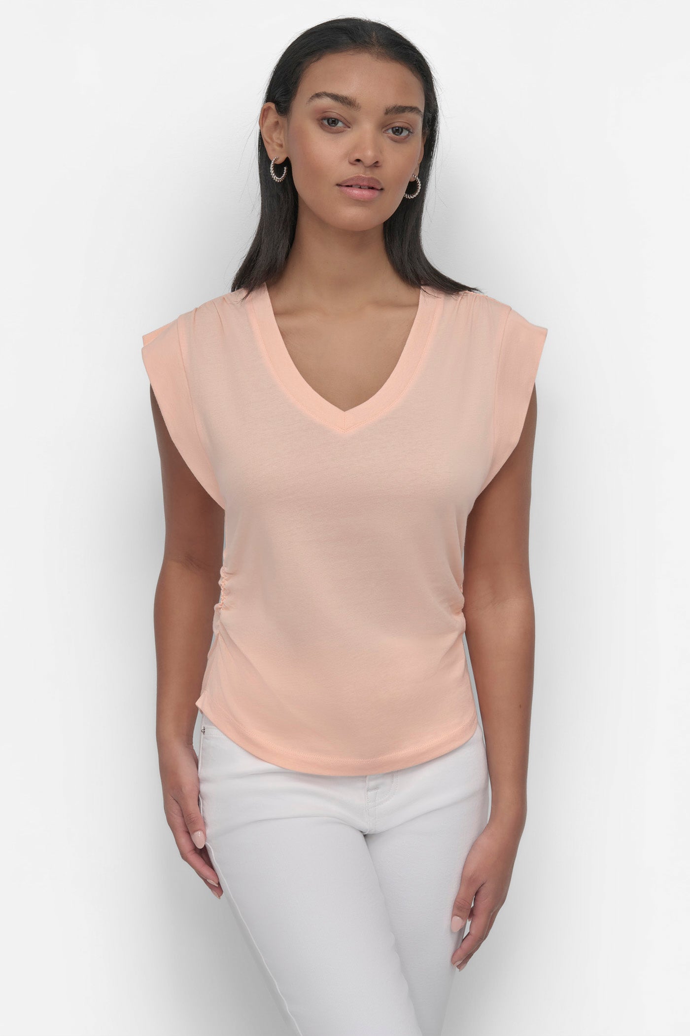 VNECK RUCHED SHOULDER TEE