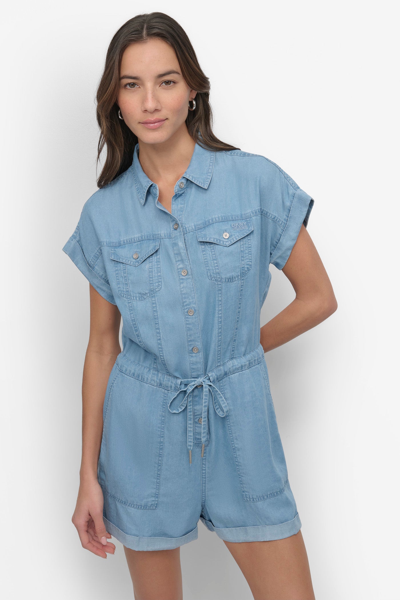 GARMENT DYE BUTTON FRONT UTILITY ROMPER