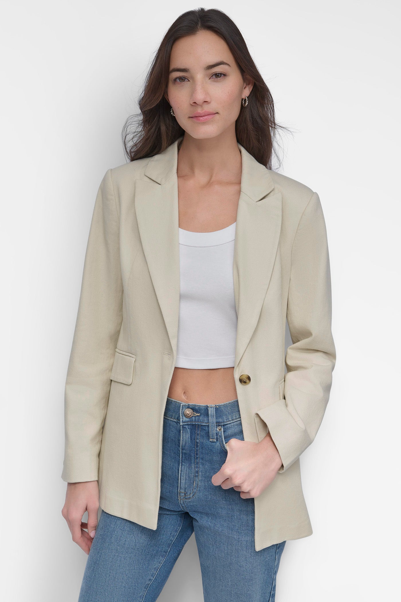 SINGLE BUTTON BLAZER WITH CUT AWAY HEM
