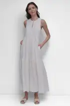 LINEN SLEEVELESS TIERED MAXI