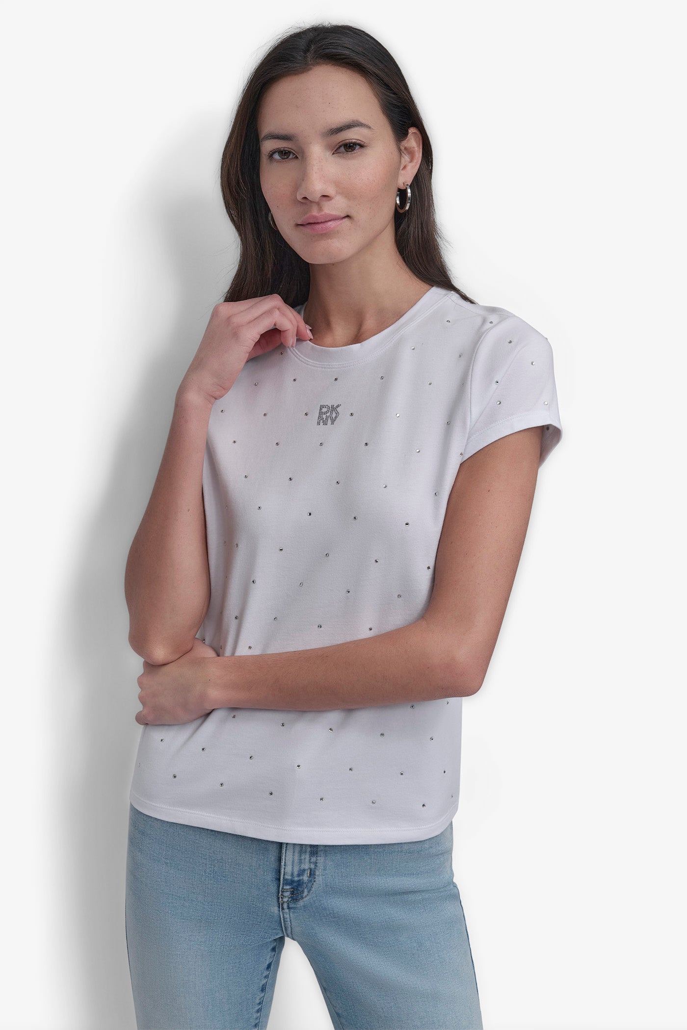 RHINESTONES CREW NECK CAP SLEEVE FITTED LOGO TEE