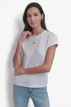 RHINESTONES CREW NECK CAP SLEEVE FITTED LOGO TEE