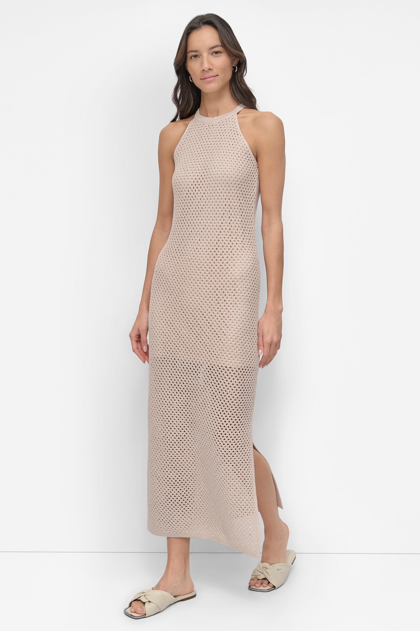 HALTER NECK OPEN STITCH MIDI DRESS WITH SEQUINS