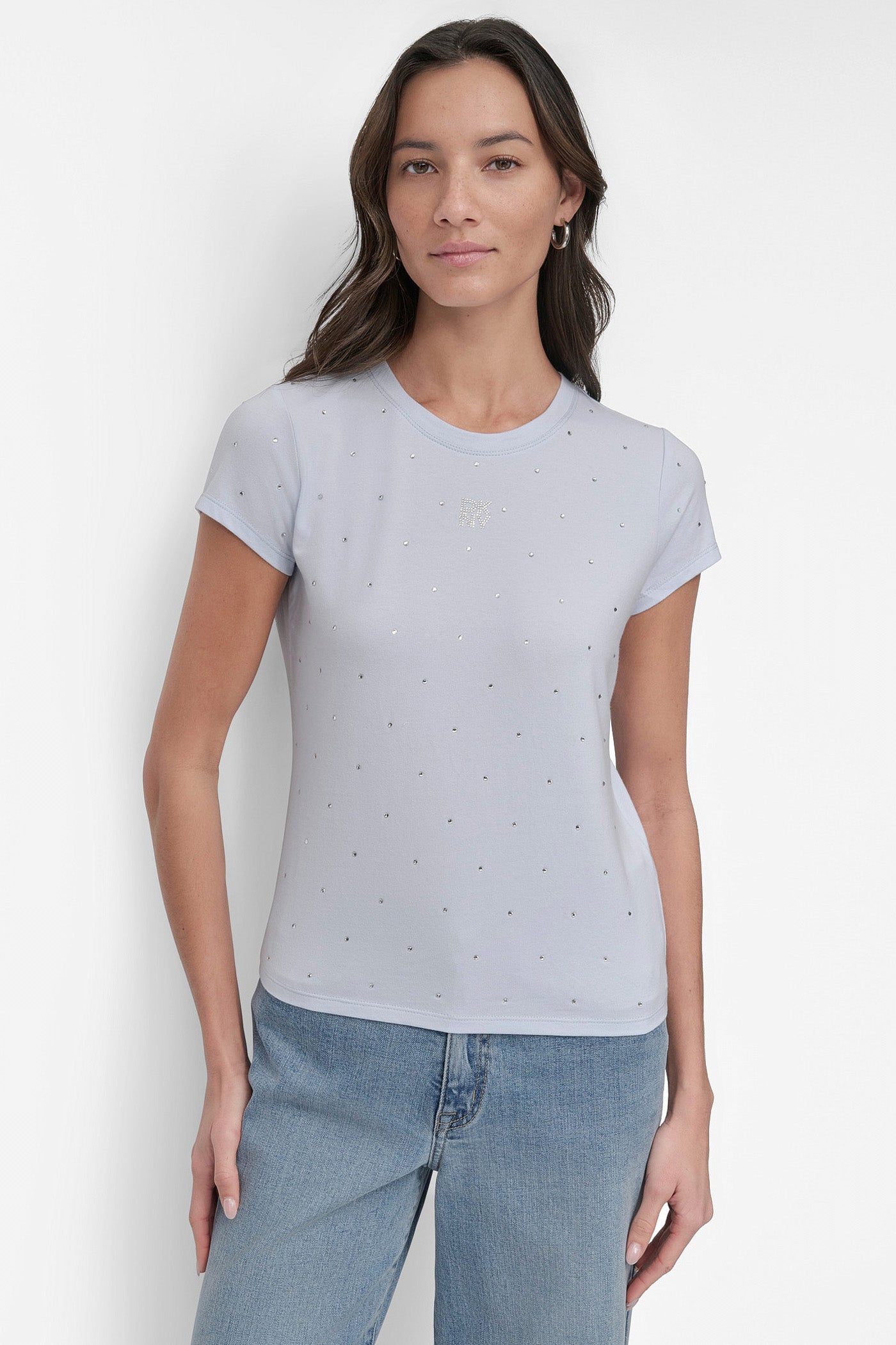 RHINESTONES CREW NECK CAP SLEEVE FITTED TEE