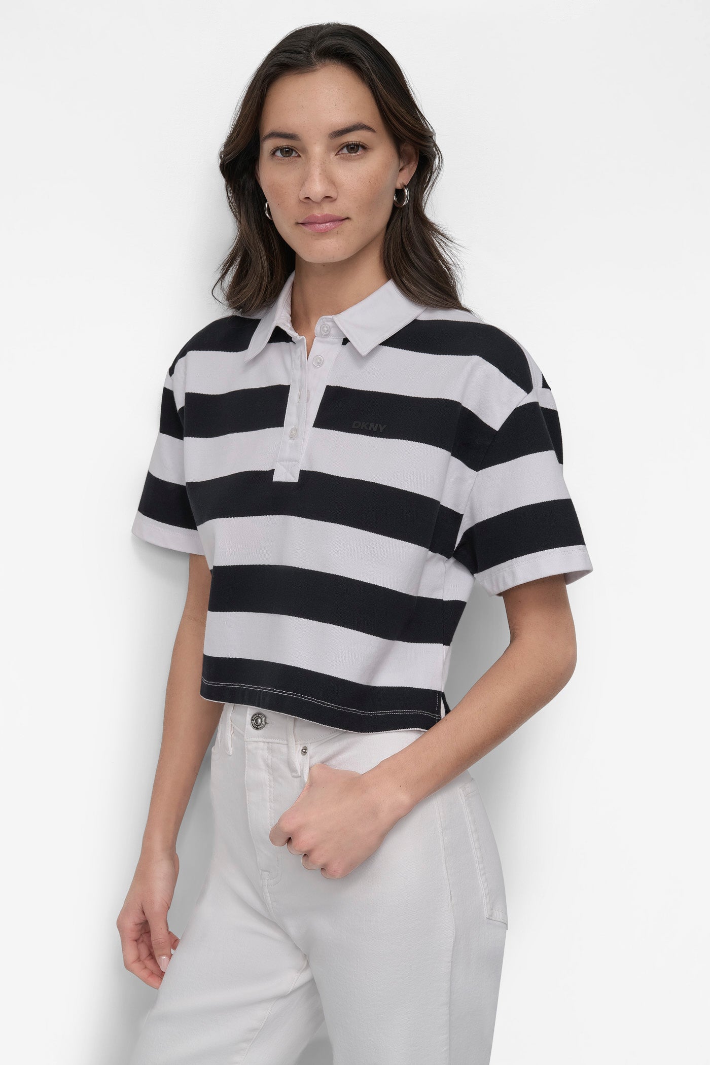 RUGBY STRIPE BOXY POLO WITH WOVEN TWILL COLLAR