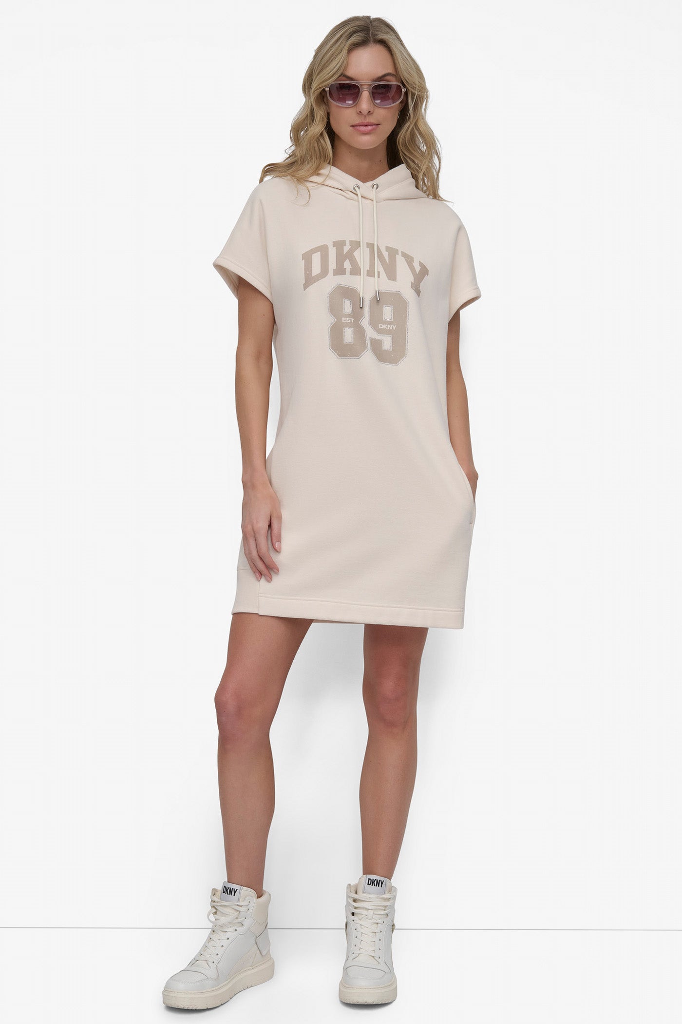 ARCHED DKNY 89 DISTRESSED RHINESTONE LOGO DRESS