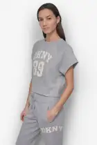 ARCHED DKNY 89 DISTRESSED RHINESTONE LOGO CROPPED(PEARL GREY HEATHER/ EGGNOG,XS)