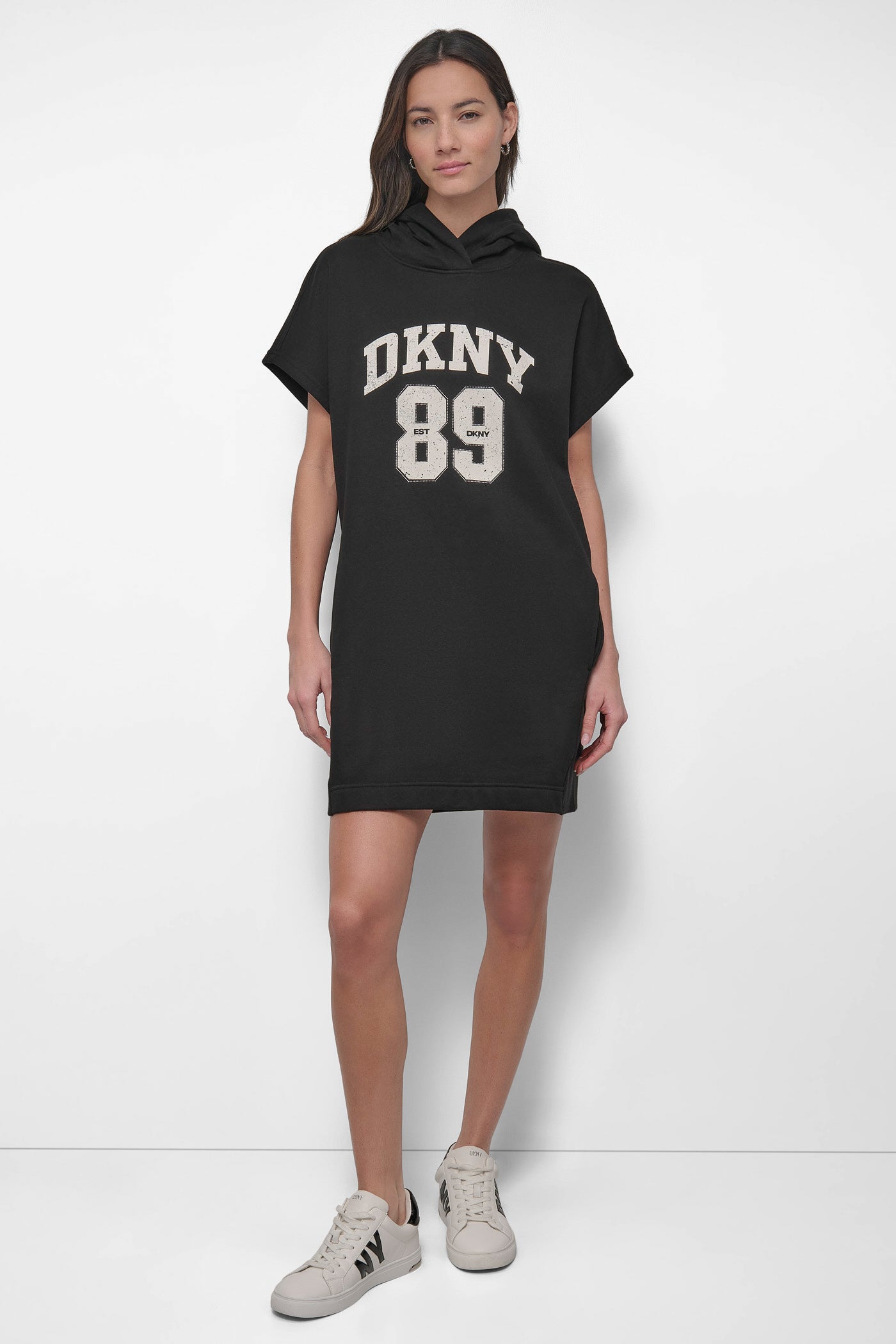 ARCHED DKNY 89 DISTRESSED RHINESTONE LOGO DRESS