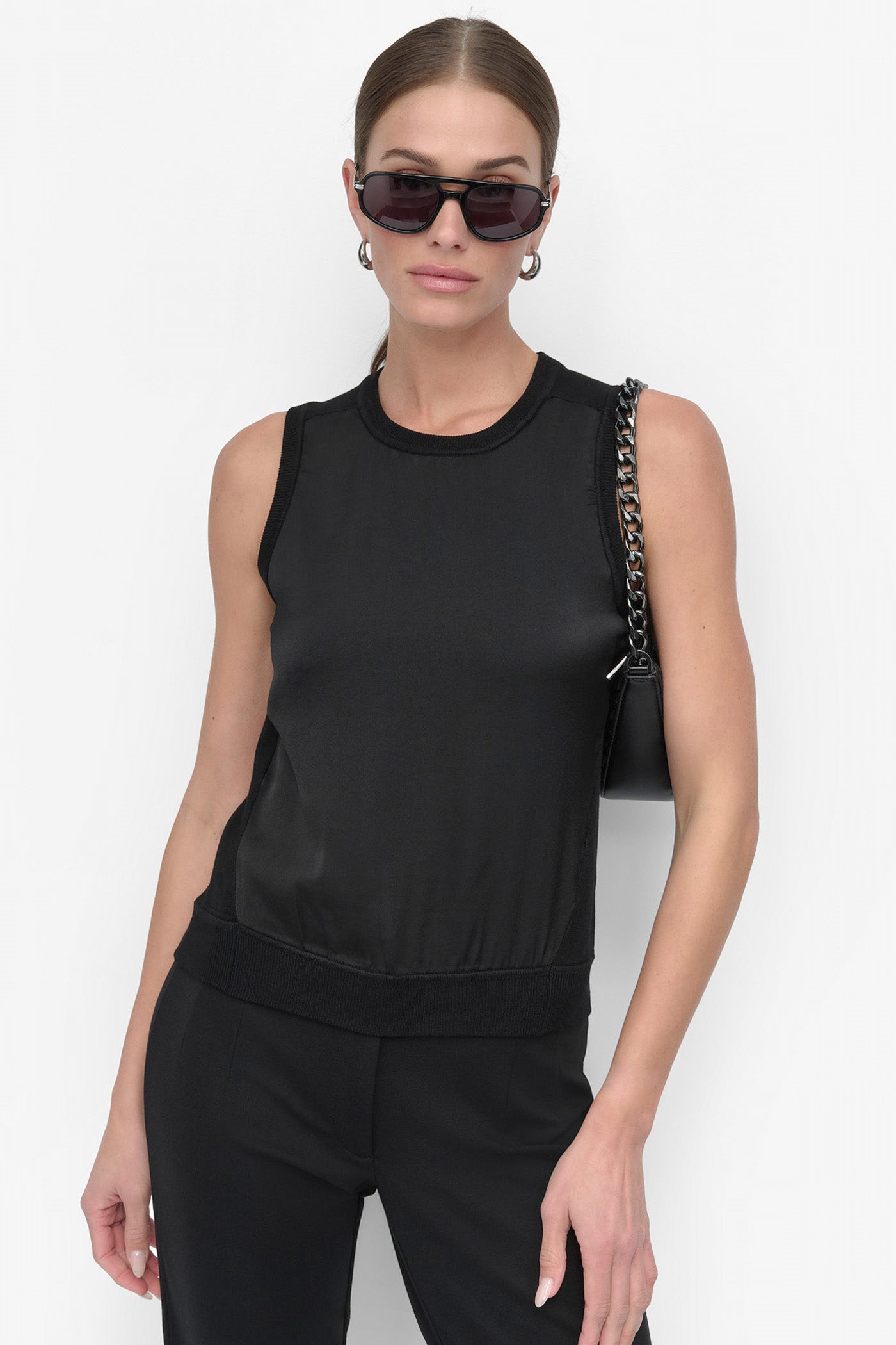SLEEVELESS MIX MEDIA SWEATER